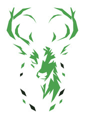 Geometric vector illustration of majestic deer head with antlers – modern polygonal design with forest colors