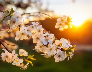 blossoming branch of cherry on a background of the sun