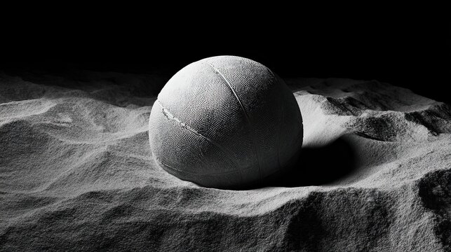 High-angle view of a basketball half-sunk into soft black sand top-down light creating radial and crisp crater shadows monochrome