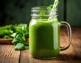 fresh green smoothie in mason jar on wooden table