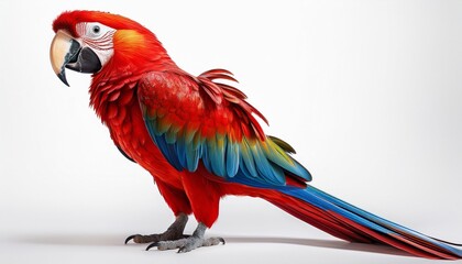 side view full body of scarlet red macaw bird standing isolated white background