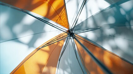 Golf umbrella viewed from beneath as light streams translucent panels chromatic refraction and abstract geometry