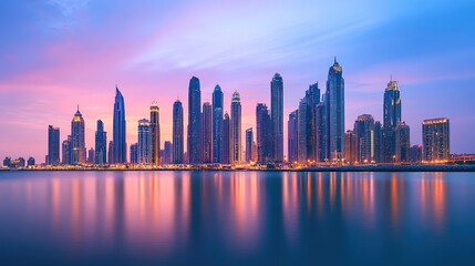 Obraz premium Vibrant cityscape skyline at sunset, reflecting on calm water.