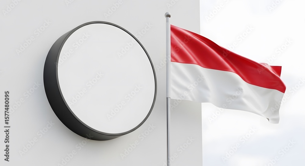 Fototapete Generic flag waving on a pole next to a blank round sign against a white wall with ample copy space. The image features vibrant red and white colors.