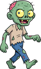 Cartoon zombie walking forward with tattered clothes, spooky green undead character with big yellow eyes and exposed brain, Halloween illustration