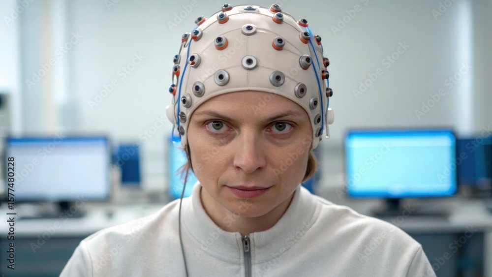 Poster a focused woman wearing an eeg cap for brain activity monitoring sits in a lab with blurred computer