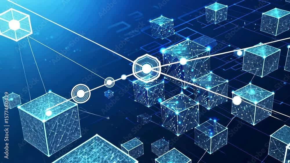 Poster abstract digital isometric blockchain concept on a blue background, technology 3d linked blocks in a
