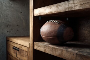 Football inside a narrow wooden locker with soft tungsten interior light and deep ambient shadows nostalgic scene with worn