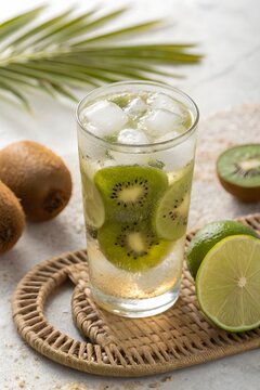 Refreshing iced tea with kiw slices and ice on a rustic woven coaster in a bright, natural setting