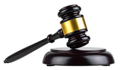 Elegant black\ gavel with golden accents on justice law legal auction isolated on transparent background form