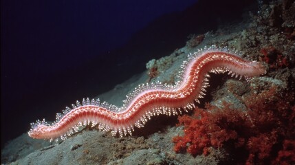 Fototapeta premium Pink sea creature on dark seabed