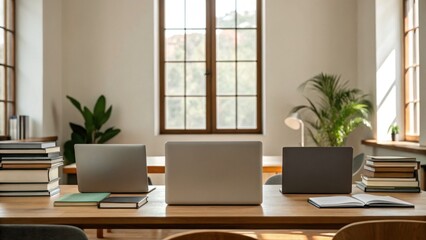 Fototapeta premium A cozy, well-lit workspace with three laptops on a wooden table, surrounded by books and green plants near large windows.