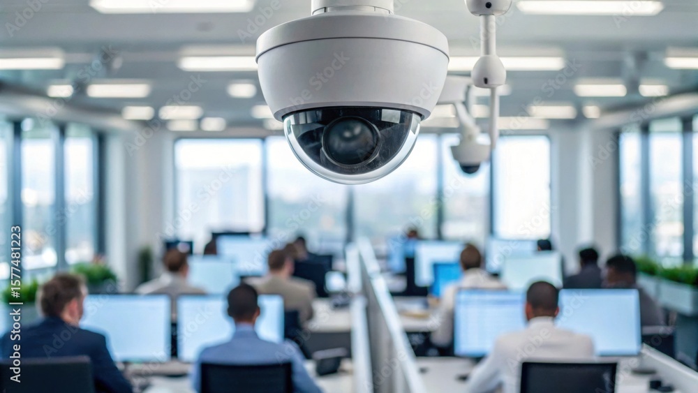 Poster a security camera monitors an office environment where employees work at desks with computers in a m