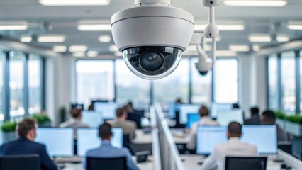 Fototapeta premium A security camera monitors an office environment where employees work at desks with computers in a modern, well-lit workspace.