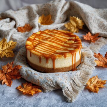 Pumpkin cheesecake with caramel drizzle surrounded by autumn leaves