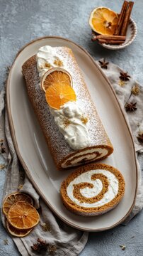 Pumpkin roll cake with swirled filling, styled with orange slices and cinnamon &ndash; 9:16