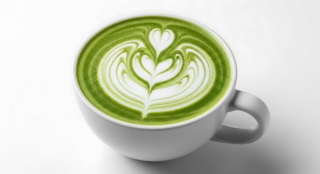 Aromatic matcha latte with intricate milk foam art in a white mug.