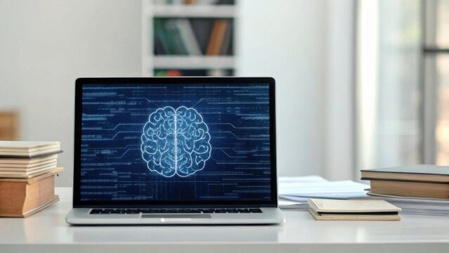 A laptop on a desk displays a digital brain illustration, symbolizing artificial intelligence or data processing in a modern, minimalistic office setting. - Powered by Adobe