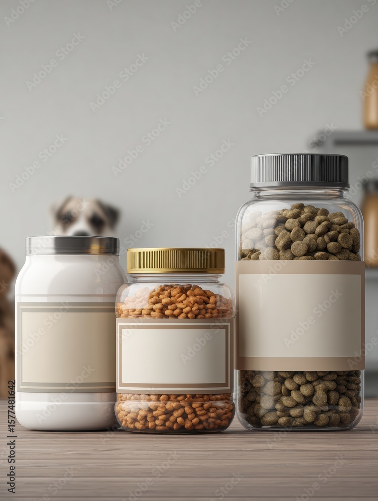 Aufkleber pet nutrition labels arranged on a wooden table with an empty branding area for custom product desig