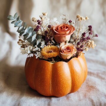 Carved pumpkin used as vase for dried roses, eucalyptus and strawflowers