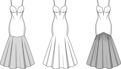 CAD drawing flat vector illustration of elegant mermaid gown fashion design, technical sketch, bridal dress, evening wear template