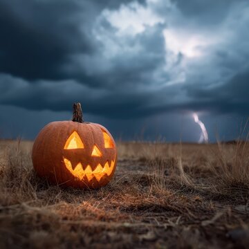 Carved Halloween pumpkin glowing under dramatic thunderclouds