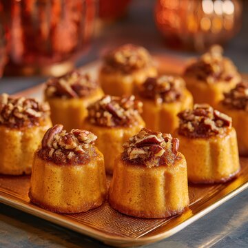 Mini pumpkin cakes with pecan toppings arranged on a tray
