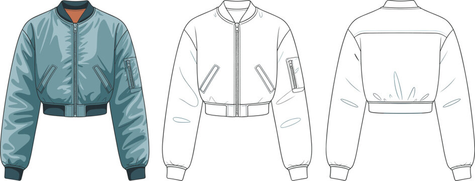 Bomber jacket fashion technical sketch, front and back view, CAD flat drawing, cropped style, ribbed cuff, zipper pocket, outerwear