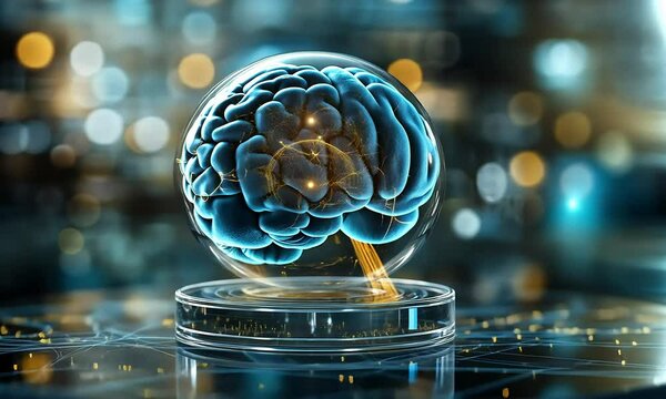 A  detailed representation of a brain, suspended in a glass sphere, on a circular platform