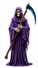 Mysterious figure in purple robe holds scythe, embodying essence of death. skeletal face glows with blue eyes, creating eerie atmosphere