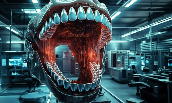 Translucent jaw with glowing interior, set in a futuristic laboratory