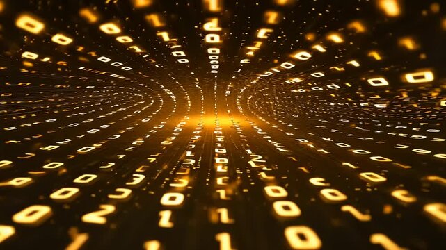 Abstract digital tunnel of golden binary code.