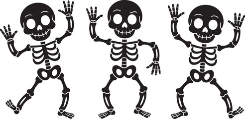 Cute Dancing Skeletons Vector Set – Fun Halloween Cartoon Characters in Black and White Silhouette