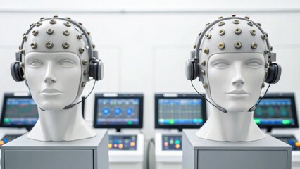 Two mannequin heads equipped with EEG caps and headsets, placed in a lab environment with monitors displaying brainwave data in the background.