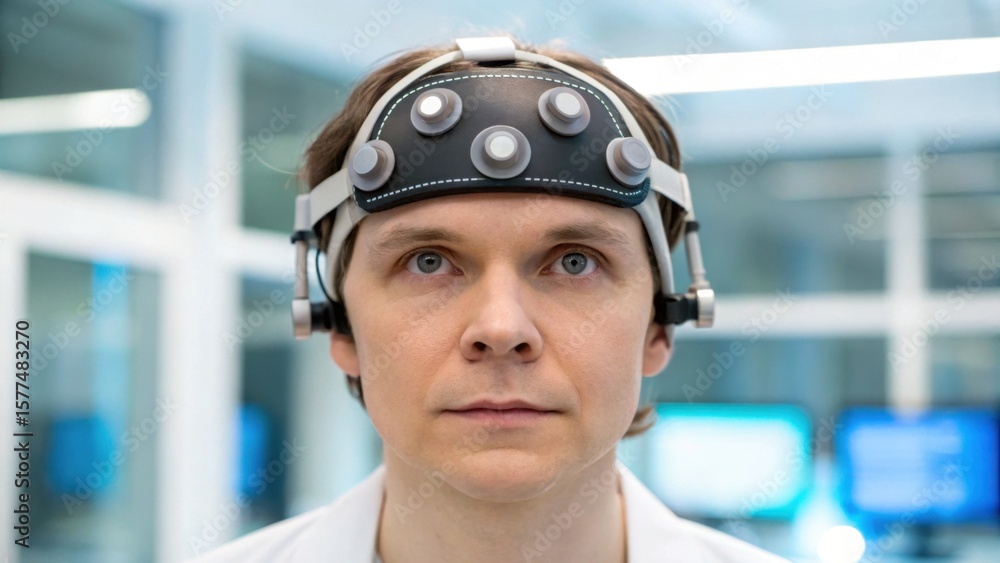 Poster a man wearing a futuristic eeg headset in a high-tech lab environment, focusing intently on a task o