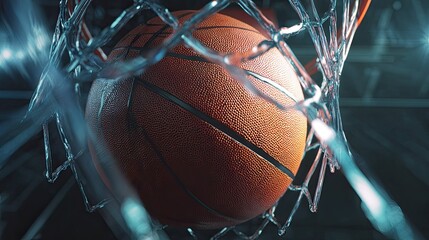 Close-up of a basketball wedged between transparent glass sheets intense rim lighting creates refracted shadow artifacts orange and teal