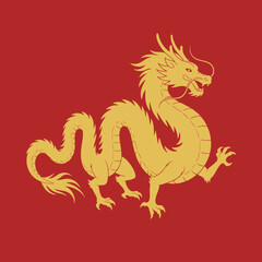 Golden Chinese Dragon On Plain Red Background Vector