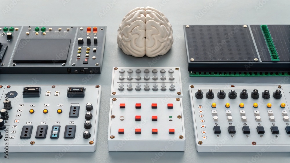 Poster a model brain surrounded by various control panels with buttons, switches, and dials, symbolizing th