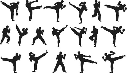 Martial arts silhouette set, kickboxing and karate poses, fighting stance vector collection, combat sport clipart, isolated black figures, action training icons © Sagor Creatives