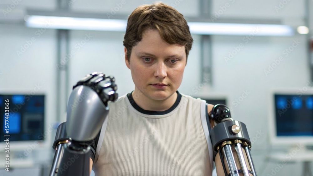 Aufkleber a person with robotic prosthetic arms focused on adjusting or using the advanced technology in a mod