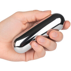 Metallic object held in hand closeup reflective technology