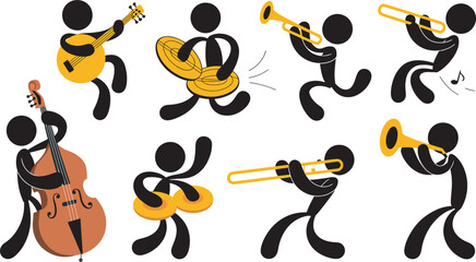 Musical Band Stick Figure Silhouettes – Vector Set of Musicians Playing Instruments in Action