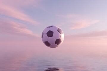 Fototapeta premium Football floating a glass lake at dusk soft reflections and pink-purple gradient sky cinematic wide-angle depth and dreamy haze