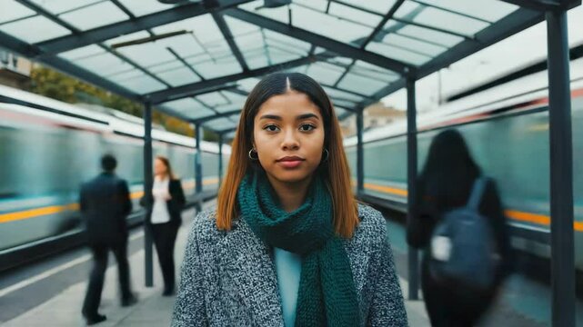 A time-lapse of a busy train station with a calm woman standing still in the center; concept for rush hour, city life, and finding peace in chaos