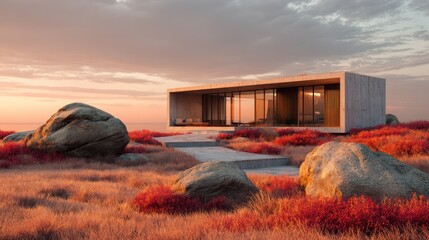 Modern house at sunset on a grassy hill