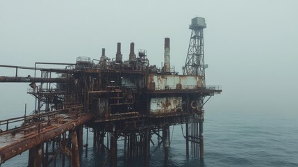 Abandoned Offshore Oil Rig Platform in Foggy Ocean, Industrial Decay, Maritime Engineering