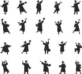 Graduation celebration silhouette set, happy student vector collection, cap and gown poses, diploma success icons, academic clipart, isolated on white
