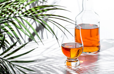 Single malt scotch whisky in glencairn glass beside an elegant bottle, shadows from the plant adding natural beauty in soft sunlight.