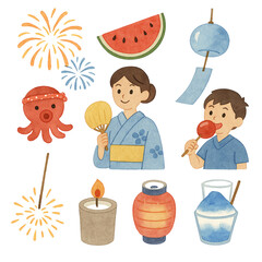 夏の風物詩水彩風イラストセット