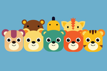 Naklejka premium Adorable Cartoon Animal Faces Cute Bear, Tiger, Cat Illustrations
